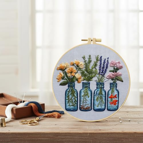 FRANDEK DIY Four Vase Bouquets Embroidery Kit for Beginner, Stamped Handicraft Needlework Set, Full Thread Palette with Needles & Fabric for Adults, Artisan Handmade Home Decor Gift