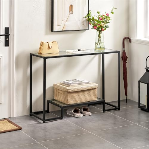 Yaheetech 42 Inch Console Table, Tempered Glass Entryway Table, 2-Tier Sofa Tables with Storage Shelves, Entrance Tables for Hallway Living Room, Black Yaheetech