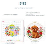 Zhenqing Brown Teddy Bear with Roses Cross Stitch Kit, 11CT Printed 24x24cm for Beginners, Floral Dog Embroidery Set with 20cm Hoop (70783)