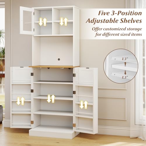 Giantex Kitchen Hutch Cabinet, 67" Tall Pantry Cabinet with Microwave Countertop, 8 Door Shelves & 5 Adjustable Shelves, Freestanding Cupboard with Glass Door for Living Room, Dining Room, White Giantex