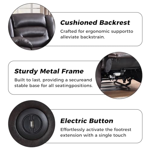 EBELLO Classic Power Recliner Chair for Living Room, Faux Leather Oversized Electric Overstuffed Reclining Chair with Thick Cushion, Comfortable Armrest and USB Charge Port, Brown