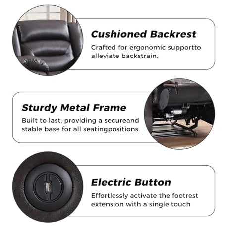 EBELLO Classic Power Recliner Chair for Living Room, Faux Leather Oversized Electric Overstuffed Reclining Chair with Thick Cushion, Comfortable Armrest and USB Charge Port, Brown EBELLO
