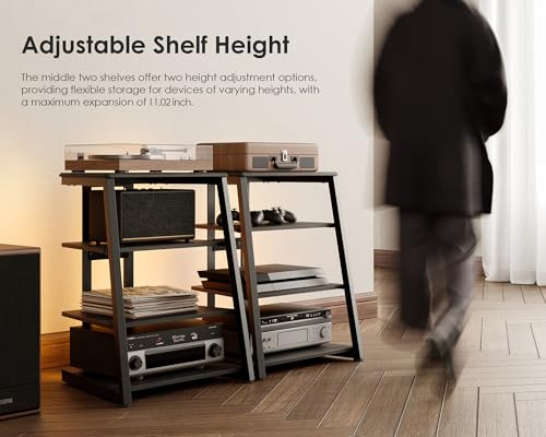 FITUEYES Design 4-Tier AV Media Stand Corner Shelf with LED Backlight for Record Player Wooden Stereo Cabinet Audio Rack Tower with Height Adjustable Wooden Shelves for Xbox One FITUEYES