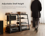 FITUEYES Design 4-Tier AV Media Stand Corner Shelf with LED Backlight for Record Player Wooden Stereo Cabinet Audio Rack Tower with Height Adjustable Wooden Shelves for Xbox One FITUEYES