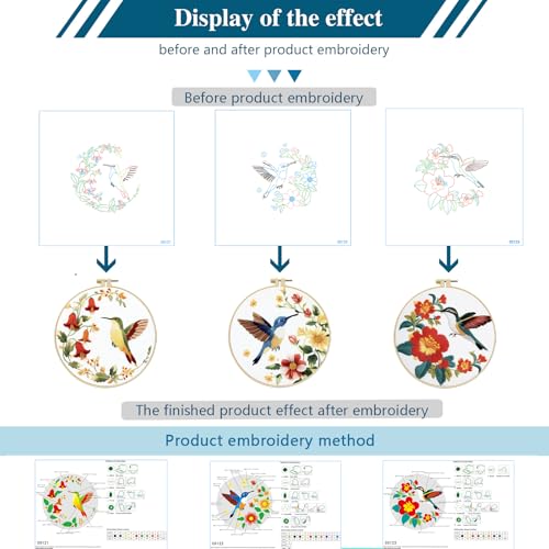 Zhenqing 3-Piece Hummingbird Embroidery Kit for Beginners - Complete Set with Pre-Printed 29x29cm Cotton Fabric, Hoop, Threads & Tools (C0168)