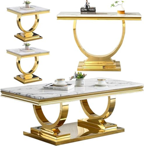 Goujxcy Coffee Tables Set of 4 for Living Room, Marble Console Table & Coffee Table and 2 End Tables Set, Faux Marble Top&Gold O-Shape Steel Base, 4 Pieces Living Room Table Sets for Apartment Office Goujxcy