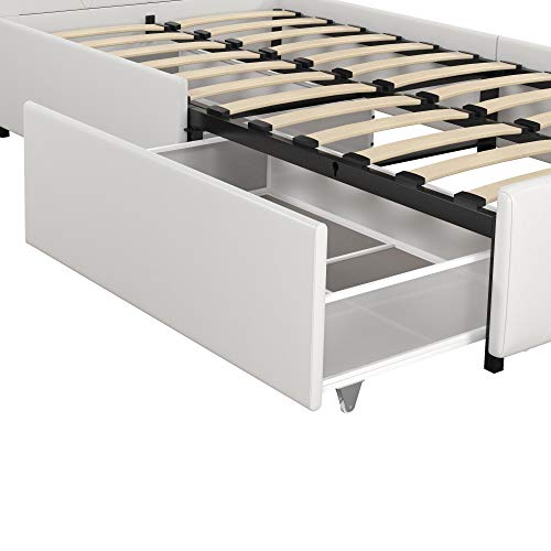 DHP Dakota Upholstered Platform Bed with Underbed Storage Drawers and Diamond Button Tufted Headboard and Footboard, No Box Spring Needed, Twin, White Faux Leather DHP
