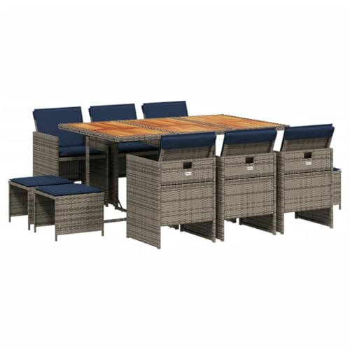 vidaXL 11 Piece Patio Dining Set with Cushions - Gray PE Rattan, Acacia Wood Tabletop, Foldable Chairs, and Stools - Ideal for Outdoor, Garden, and Patio vidaXL