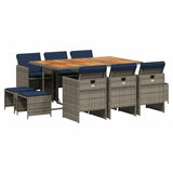 vidaXL 11 Piece Patio Dining Set with Cushions - Gray PE Rattan, Acacia Wood Tabletop, Foldable Chairs, and Stools - Ideal for Outdoor, Garden, and Patio vidaXL