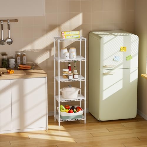 SINGAYE 5 Shelves Storage Shelf Wire Closet Bathroom Organizers Metal Pantry Kitchen Small Garage Shelving Unit Laundry Room Organization Home Corner Rack Estantes para Cocina White 10" Dx16 Wx55”H SINGAYE