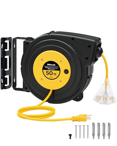 WILAWELS Retractable Extension Cord Reel, 50 FT Heavy Duty Power Cord, 14AWG/3C SJTOW, 3 Grounded Outlets Lighted Triple Tap, 13 Amp Circuit Breaker, UL Listed, Yellow Y50CR06 WILAWELS