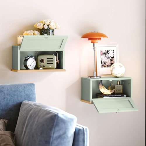 HLR Floating Nightstand, Small Nightstand with Flap Door, Morden Wall Mounted Nightstand for Bedrooms, Green HLR