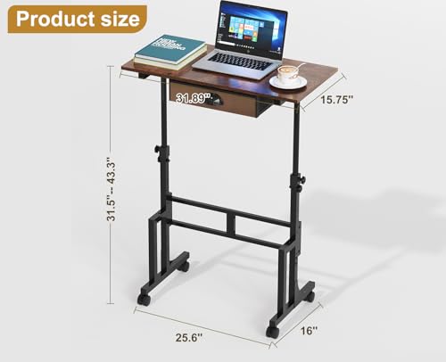 Adjustable Height Standing Desk With Drawer, Rolling Sit Stand Up Desk With Wheels, Small Sit To Stand Computer Desk, Adjustable Desktop Height, On Wheels, Brown, For Walking Pad Laptop Treadmill Cidaziya