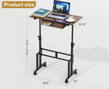 Adjustable Height Standing Desk With Drawer, Rolling Sit Stand Up Desk With Wheels, Small Sit To Stand Computer Desk, Adjustable Desktop Height, On Wheels, Brown, For Walking Pad Laptop Treadmill Cidaziya