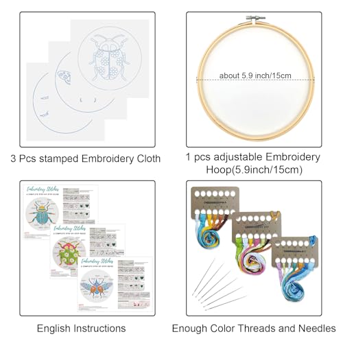 Louise Maelys 3 Sets Beetle Embroidery Kits for Beginners,Cross Stitch Kit for Adults,DIY Needlepoint for Starters Including Flowers Pattern, Hoop,Instruction and Threads