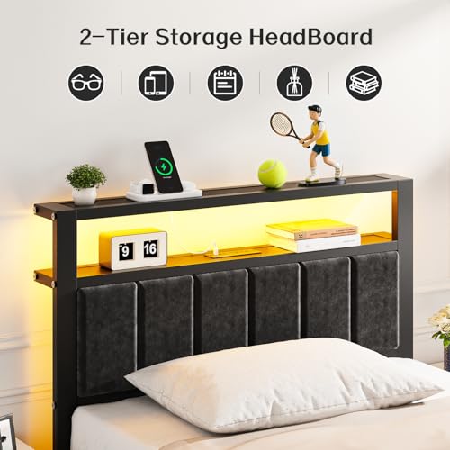 OLEVS Twin Bed Frame with LED Lights & USB Outlets, Platform Twin Bed with Storage Headboard, No Box Spring Needed, Easy Assembly OLEVS