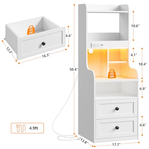 EnHomee Tall Nightstand with Charging Station and LED Lights - Stylish White Nightstand with 2 Drawers and Shelves - WoodArtSupply