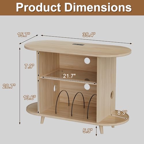 YKVIQBY 39" Record Player Stand with Vinyl Storage,Large Turntable Stand Holds up to 300+ Albums,Record Player Table,Stereo Cabinet with Open Storage,Charging Station & LED Lights,for Living Room,Oak YKVIQBY
