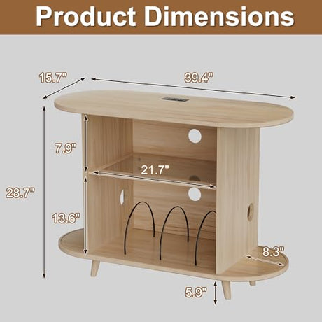 YKVIQBY 39" Record Player Stand with Vinyl Storage,Large Turntable Stand Holds up to 300+ Albums,Record Player Table,Stereo Cabinet with Open Storage,Charging Station & LED Lights,for Living Room,Oak YKVIQBY