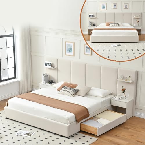 QNZK King Bed Frame with Storage & Built-in Nightstands, Velvet Upholstered Platform Bed Frame with Drawers & 2 Floating Storage Shelves, Noise-Free, No Box Spring Needed, Easy Assembly, Beige QNZK