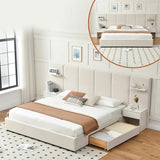 QNZK King Bed Frame with Storage & Built-in Nightstands, Velvet Upholstered Platform Bed Frame with Drawers & 2 Floating Storage Shelves, Noise-Free, No Box Spring Needed, Easy Assembly, Beige QNZK