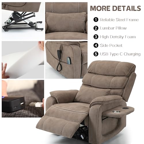 JIKFRIMA Power Lift Recliners Chairs for Elderly Adults Lay Flat Recliner with Heat & Massage, Wireless Charging Device, USB Ports, Cup Holder, Lumbar Pillow, 400Lbs（Velvet Fibric,Light Brown）