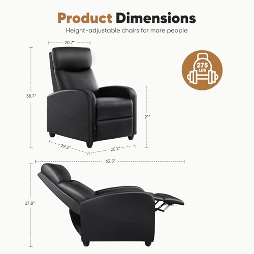 DUMOS Recliner Chair for Adults, Massage Reclining Chair for Living Room, Adjustable Home Theater Seating Single Sofa with PU Leather Padded Seat Backrest and Footrest, Modern Black DUMOS