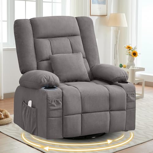 Rocker Recliner Chair with Heating and Kneading Massage for Adults,360°Swivel Rocker Recliner with Cup Holder and USB Charge Port for Living Room,Bedroom, Nursery