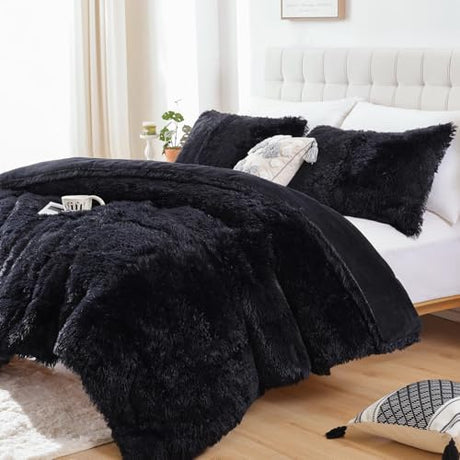 Smoofy Fluffy King Size Comforter Set, Faux Fur Black Comforter Set, Luxury Fuzzy King Bedding Set, Soft Shaggy Bed Set for All Season, 3 Pieces - 1 Comforter & 2 Pillowcases, Smoofy