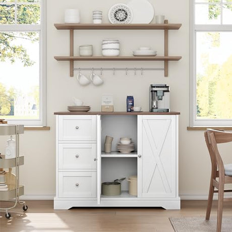 Garvee Buffet Cabinet with Drawers, 42" Large Sideboard Buffet Storage Cabinet with Shelves and Doors, Modern Farmhouse Coffee Bar Station Wood Kitchen Table for Kitchen, Dining Room, White Garvee
