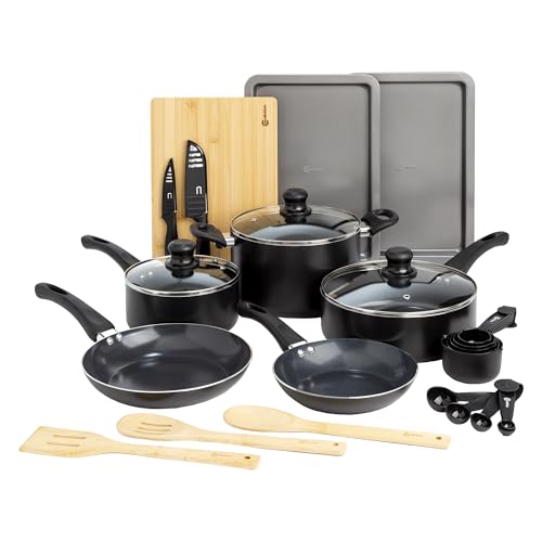 Ecolution Easy Clean Ceramic Nonstick Cookware Set, Dishwasher Safe Kitchen Pots and Pans Set, Comfort Grip Handle, Even Heating, Ultimate Food Release, 26-Piece, Black Ecolution