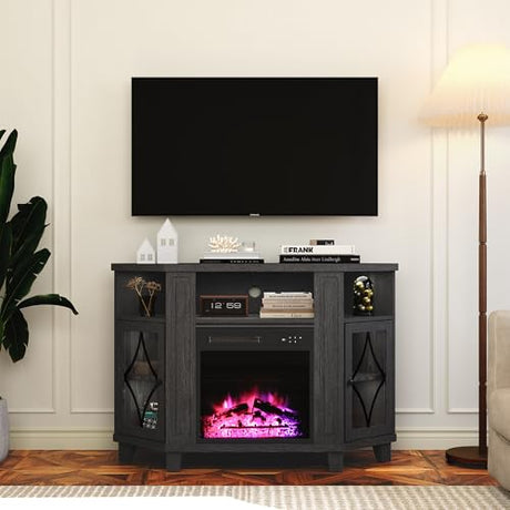 FansaFurn Corner TV Stands with 18'' Fireplace, Media Console Table with Adjustable Shelves & Acrylic Doors, Entertainment Center for TVs up to 55'', Corner Cabinet for Living Room, Bedroom, Black FansaFurn