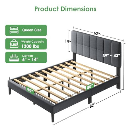 Marsail Queen Size Bed Frame - Upholstered, Adjustable Headboard,6"-12" Mattress Fit, 1300 lbs Capacity, Sturdy 12-Leg Wood Construction, Easy Assembly, Dark Gray Marsail