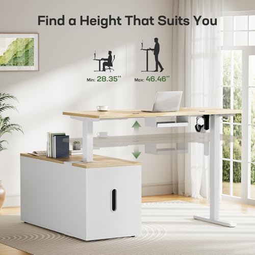 Marsail L-Shaped Executive Standing Desk with File Cabinet, 55" x 24" Electric Height Adjustable Stand up Desk, One-Whole Piece Desktop, Home Office Modern Computer Deskwith 4 Memory Presets Marsail
