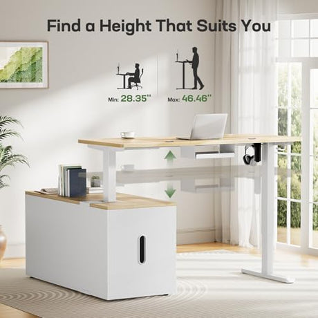 Marsail L-Shaped Executive Standing Desk with File Cabinet, 55" x 24" Electric Height Adjustable Stand up Desk, One-Whole Piece Desktop, Home Office Modern Computer Deskwith 4 Memory Presets Marsail