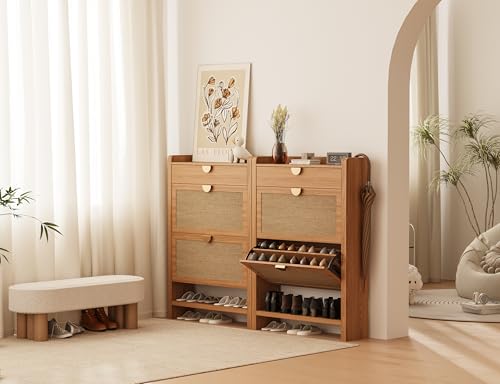 INNOD Rattan Shoe Storage Cabinet, Shoe Organizer with 2 Flip Drawers, Narrow Shoe Cabinet, Free Standing Hidden Shoe Storage, Shoe Rack for Entryway/Hallway/Closet, Natural Oak INNOD