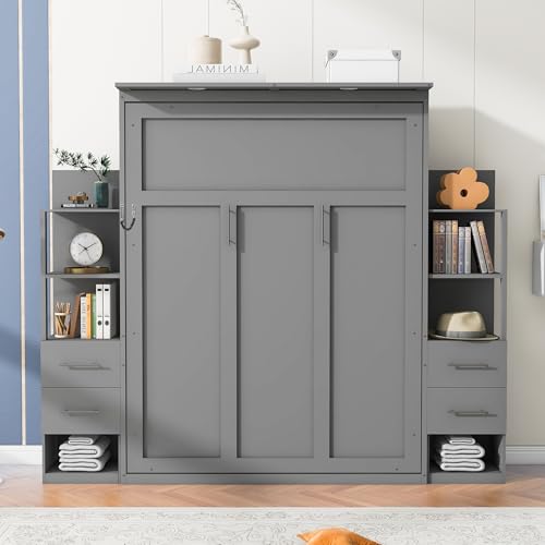 Ball & Cast Wall Bed Queen Size Murphy Beds with 2 Four-Layer Shelves and 4 Drawers,Wood Storage Hideaway Cabinet w/LED Lights,Space-Saving for Home Office,Study,Guest Room,Gray Ball & Cast