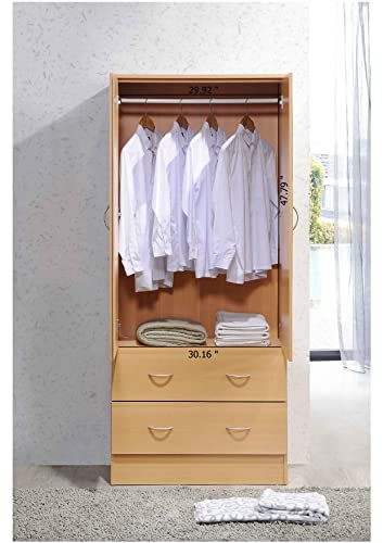 HODEDAH 2 Door Wood Wardrobe Bedroom Closet with Clothing Rod inside Cabinet and 2 Drawers for Storage, Beech Hodedah