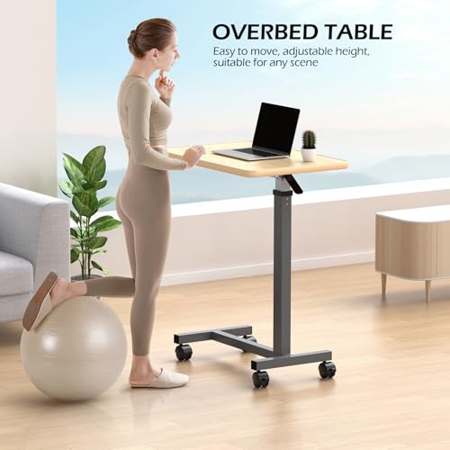 WOTURE Adjustable Overbed Table with Wheels, Bedside Rolling Table, Pneumatic Height Adjustment, Hospital Bed Table on Wheels, Standing Desk, Bedridden & Mobility Needs, Maple WOTURE