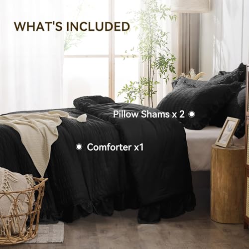 JOLLYVOGUE Black Queen Comforter Set, 3 Pieces Seersucker Comforters Queen Size, Lightweight & Fluffy Bedding Sets Queen for All Season with 1 Ruffle Comforter and 2 Ruffle Pillowshams JOLLYVOGUE