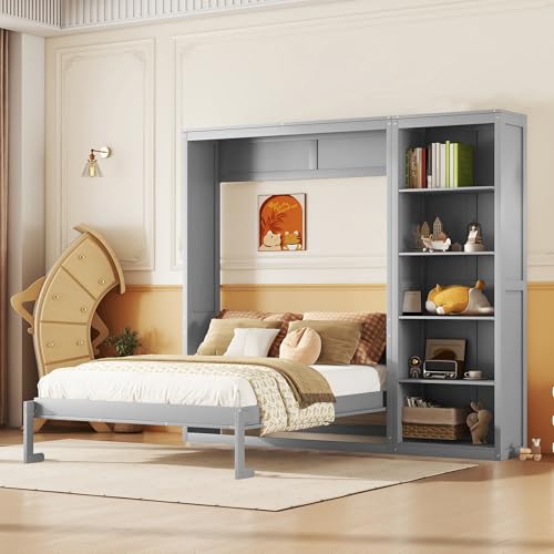 Merax Queen Size Murphy Bed, Wood Queen Wall Bed Frame with Shelves, for Home, Office or Small Room, Gray Merax
