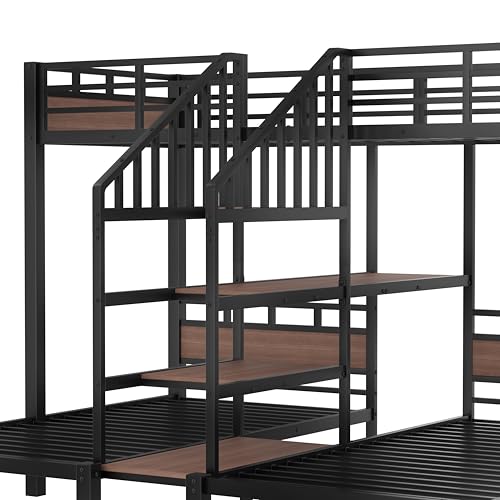 Bellemave Triple Bunk Bed for Kids Twin Over Twin & Twin with Storage Shelf & Stairs, Heavy Duty Metal Bunkbed Frame for Kids & Adults, Space Saving Triple Bunk Beds with Guardrails, Black Bellemave