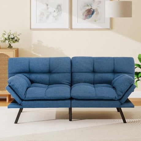 MUUEGM 71-Inch Futon Sofa Bed, Convertible Loveseat Sleeper | Modern Blue Linen Fabric | Adjustable Couch for Living Room & Small Spaces MUUEGM