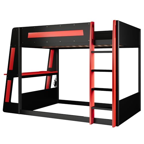 LUMISOL Full Loft Bed with Desk and LED Light, Gaming Bunk Bed with Storage Shelves and Charging Station, Space-Saving, Noise Free, Black+Red LUMISOL