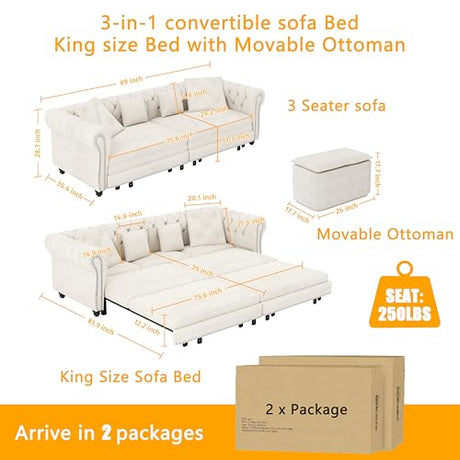 LuxyHoom 89" King Pull Out Sofa Bed, Velvet Chesterfield Sleeper Sofa Couch, 3 in 1 Convertible Tufted Futon Couches with Ottoman for Living Room, Small Space, Apartment, Bedroom, Office, Beige LuxyHoom