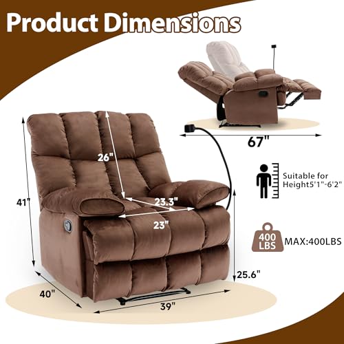 Chizzyseat Manual Adjustable Oversized Recliner Chair with Phone Holder, Extra Large Recliner for Heavy Duty Adults 400lbs, Big Man Recliners for Living Room, Nursery, RV