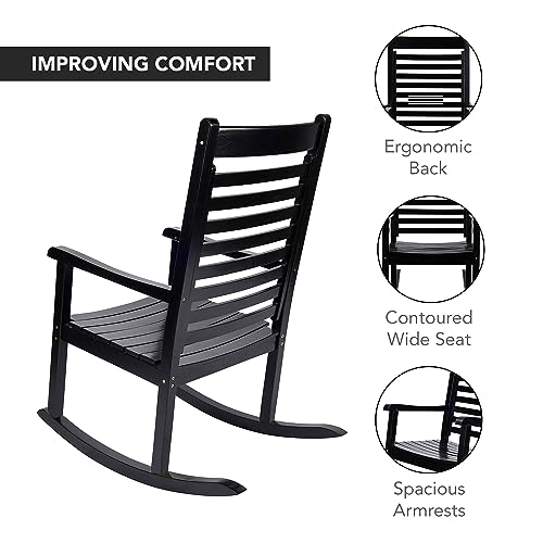 Shine Company Modern Wood Rocking Chair, Ergonomic Wide Seat Porch Rocker, Black Shine Company