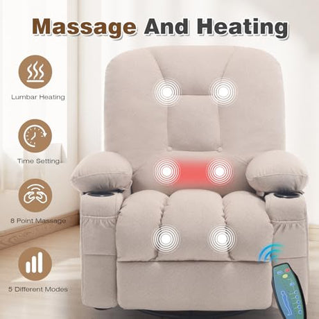 REFICCER Rocker Recliner Chair with Massage and Heat, Oversized Rocking Nursery Recliners Overstuffed Swivel Glider with Cup Holder, Fabric Manual Single Sofa for Living Room, Beige REFICCER