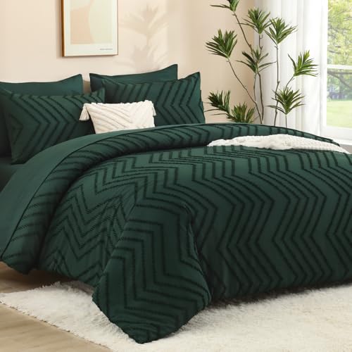 Litanika Comforters Queen Size Set with Sheets Dark Emerald Green - 7 Pieces Bed in a Bag Queen Chevron Tufted Complete Beddding Sets with Comforter, Sheets, Pillowcases & Shams