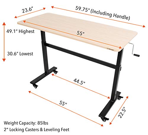 Stand Steady Tranzendesk | 55 Inch Standing Desk with Detachable Wheels | Crank Height Adjustable Sit to Stand Workstation | Modern Ergonomic Desk Supports 3 Monitors (Maple) Stand Steady